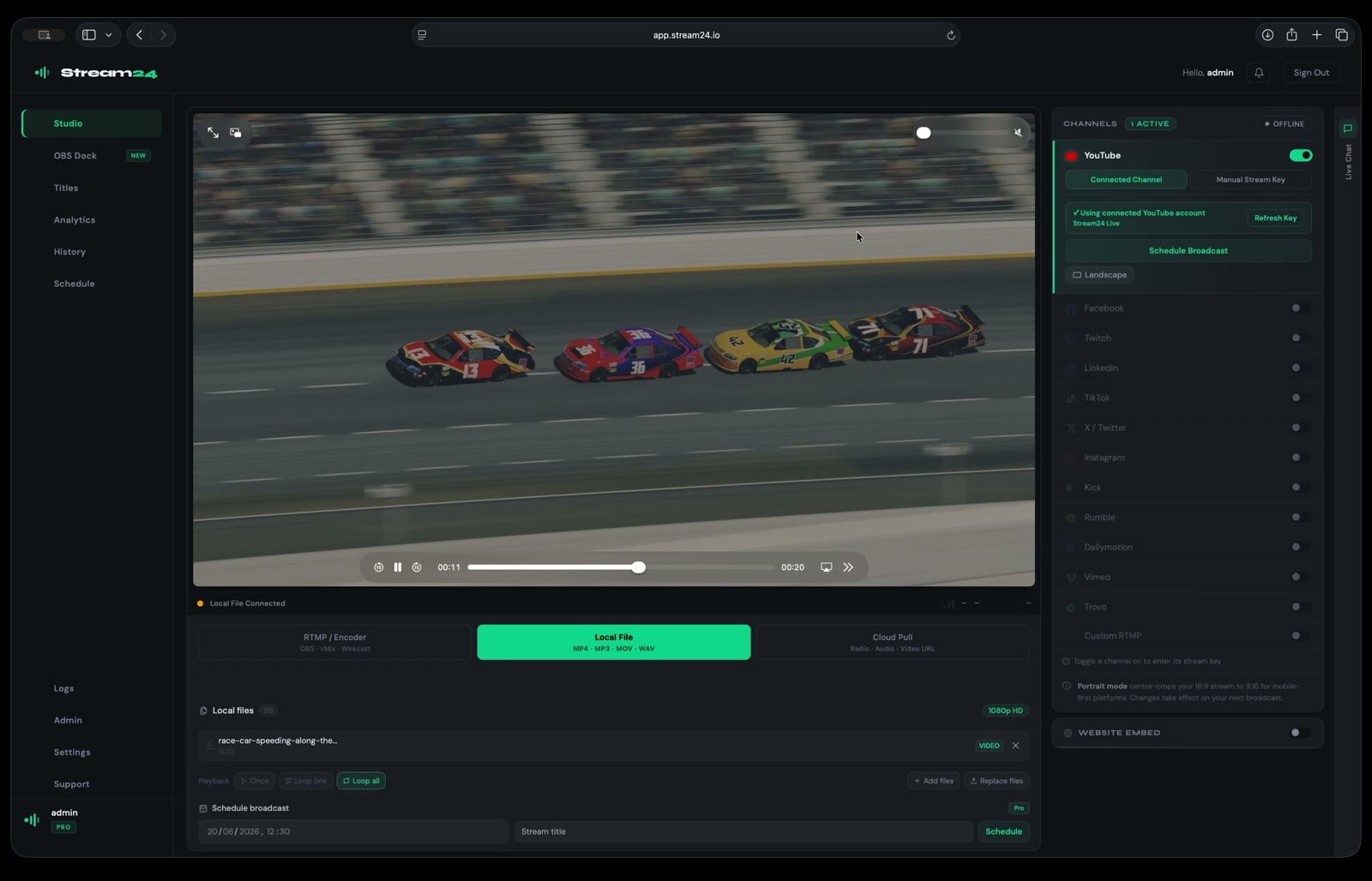 The Stream24 dashboard running a live multistream