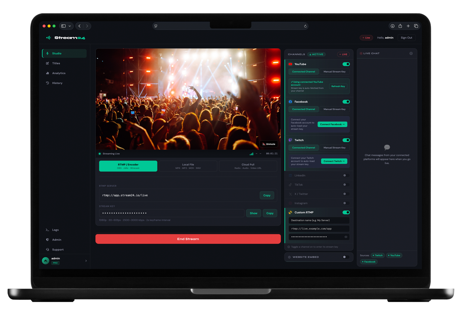 Stream24 dashboard live to several platforms from one ingest