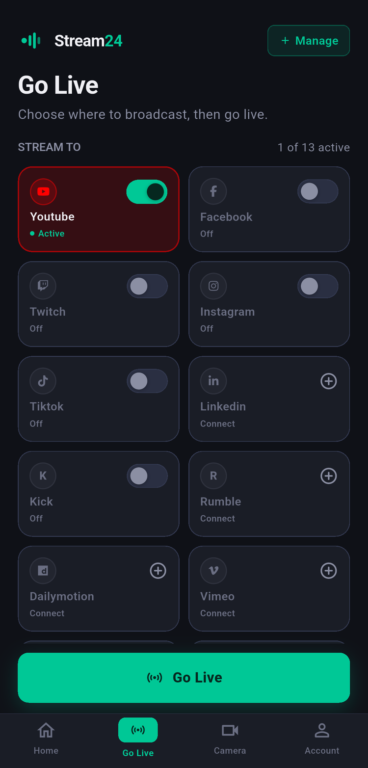 Stream24 Live on a phone: the same app multistreams on its own or becomes a camera for Studio
