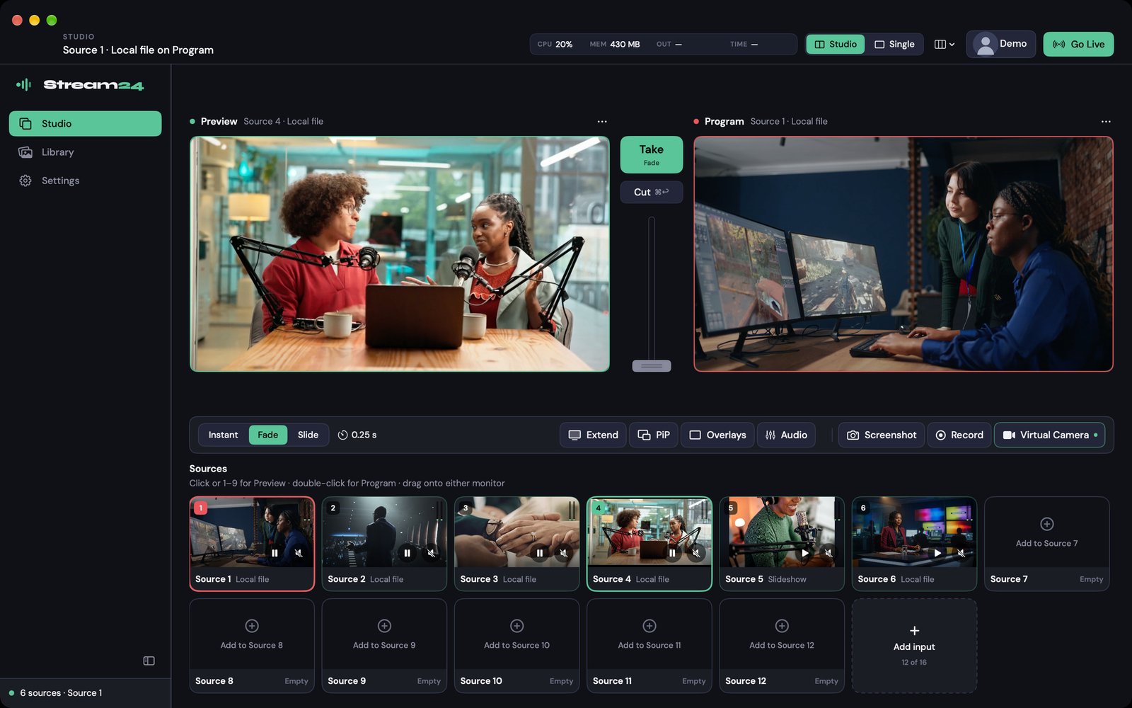 Stream24 Studio for Mac: Preview and Program monitors above a source strip of seven live sources