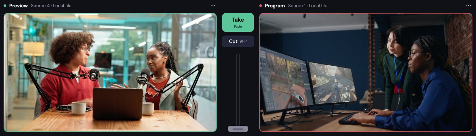 Stream24 Studio 1.6 in Studio Mode: Preview and Program with Take, Cut and a T-bar