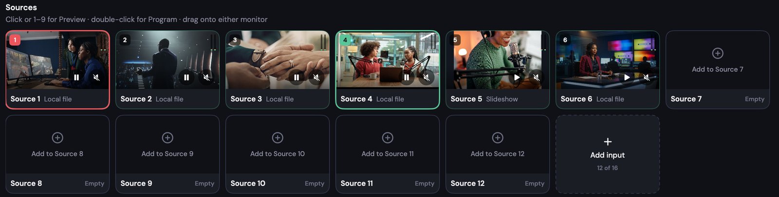 Stream24 Studio source strip with seven live sources