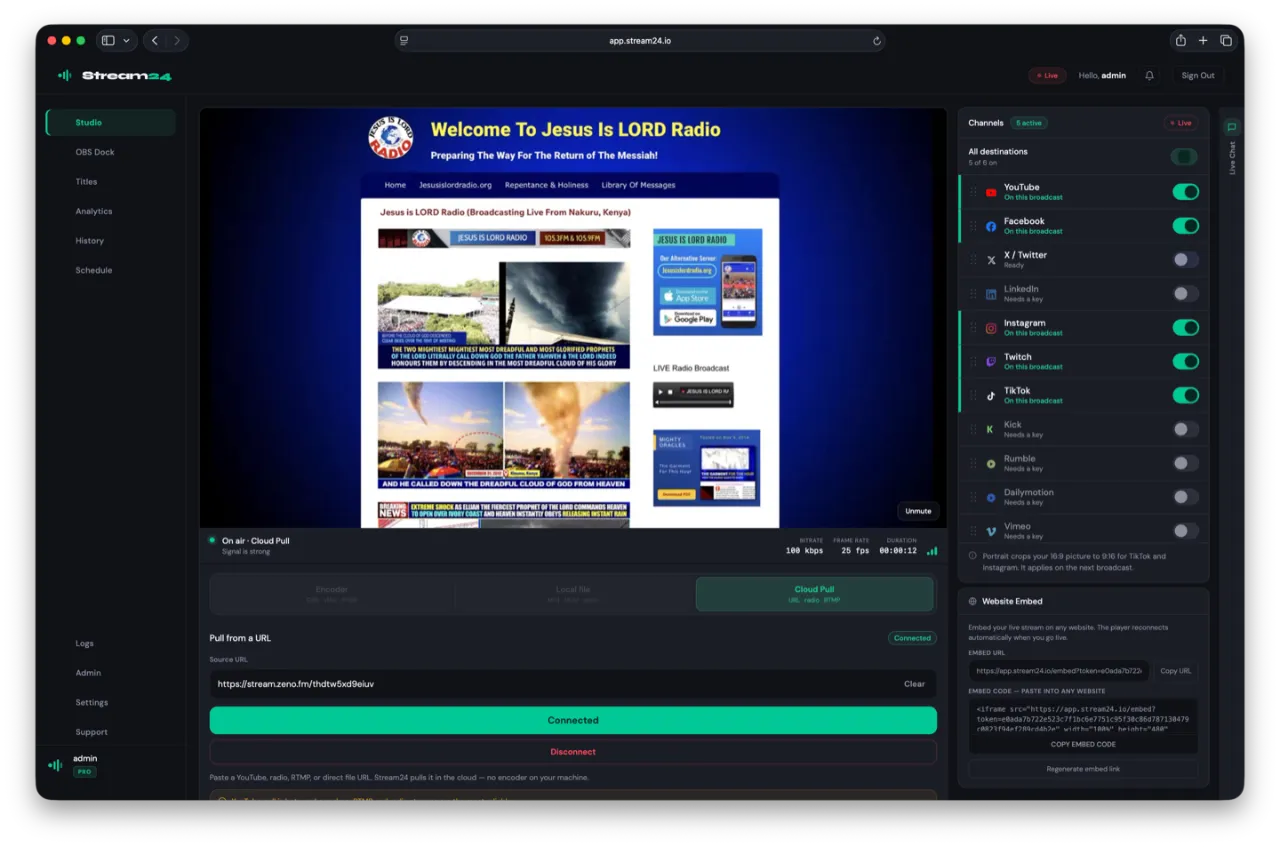 Stream24 Cloud Pull pulling a remote stream from a URL