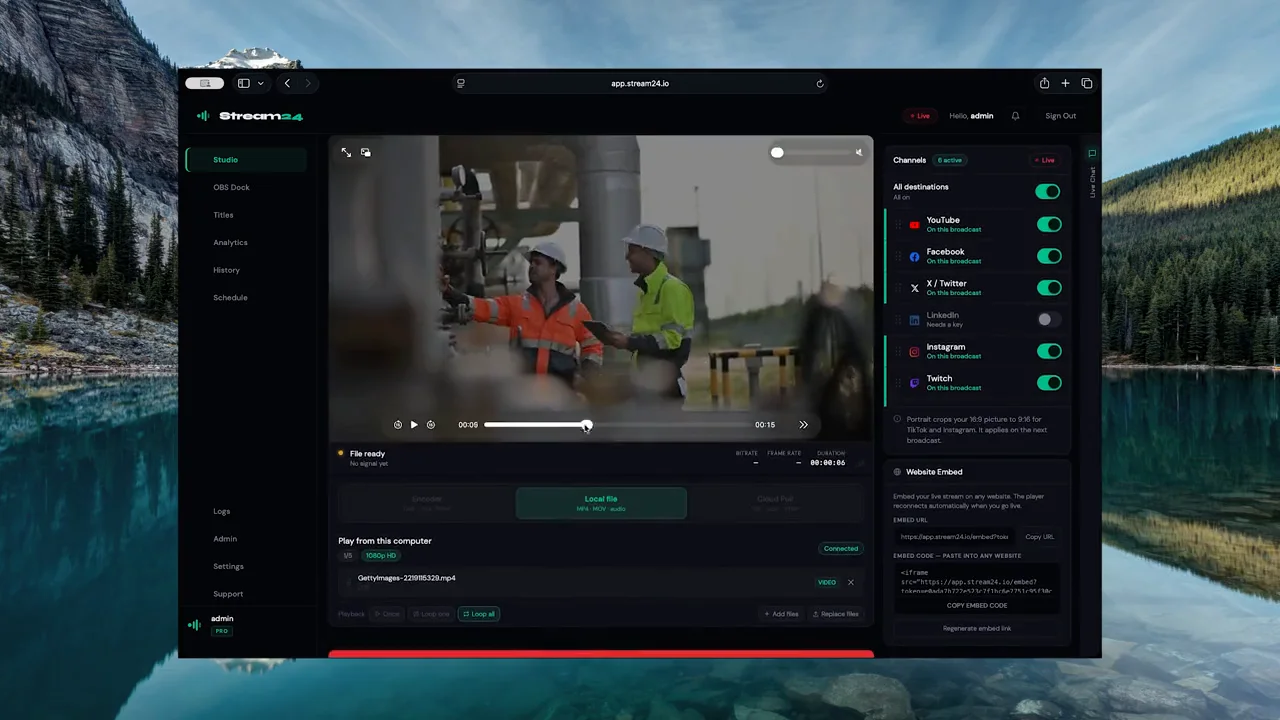 The Stream24 dashboard live to several platforms at once, with destinations switched on