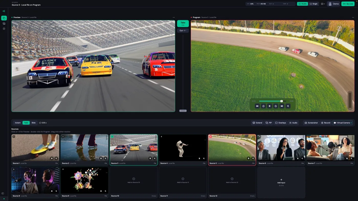 Stream24 Studio on a Mac with Preview and Program monitors and the sources strip
