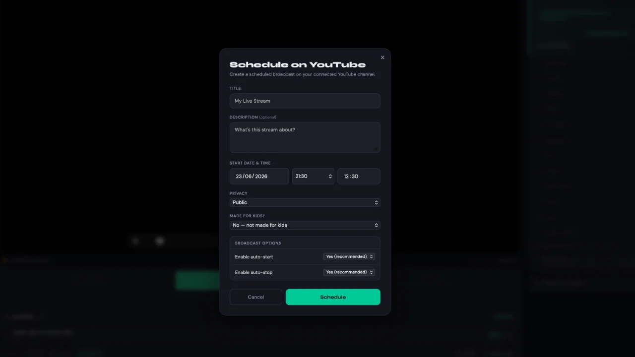 Scheduling a YouTube broadcast in Stream24 with auto-start and auto-stop