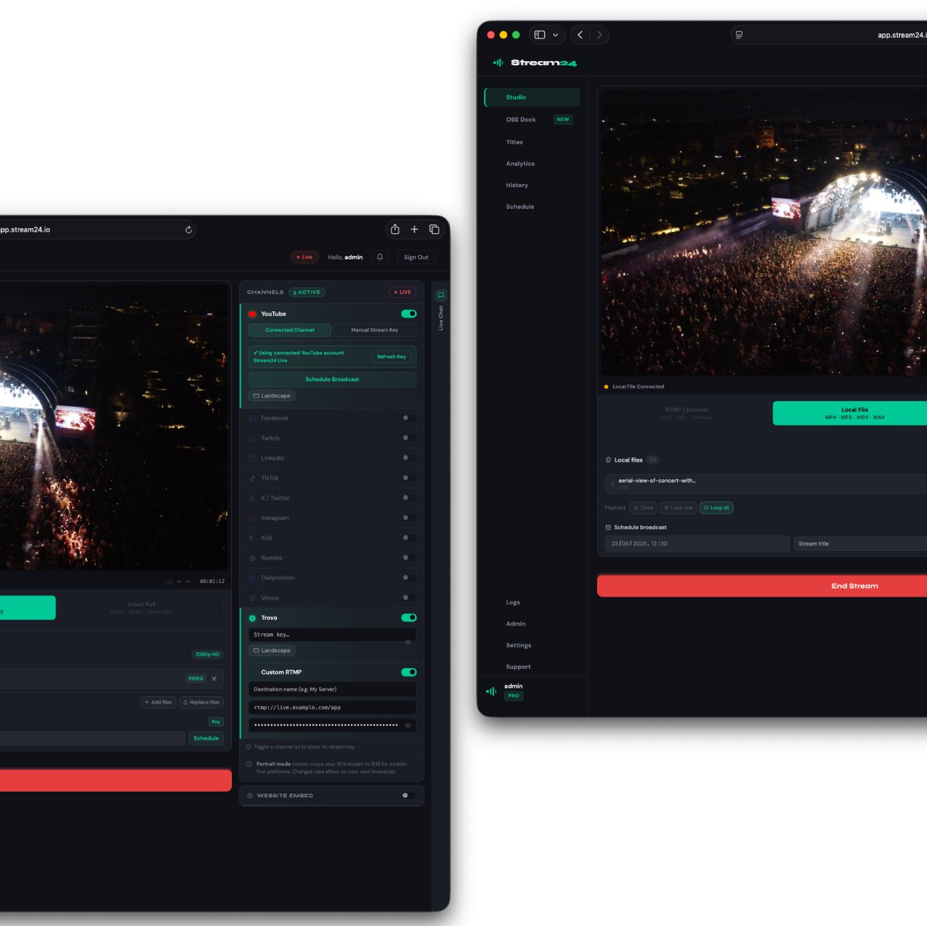 Stream24 dual dashboard view showing active streams and analytics